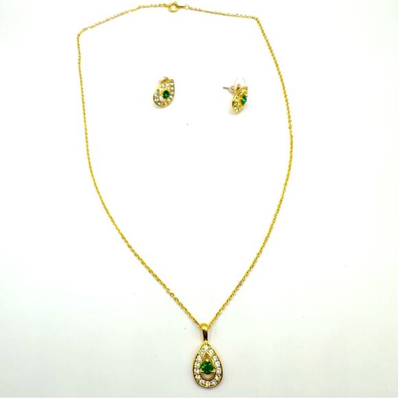 Gold Green Necklace Earring Set Lot 2 Bridal Formal Evening Shiny Teardrop - Picture 7 of 7